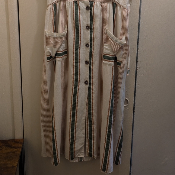 Zara Striped Rustic Dress Linen Button Front Pockets Self-tie Open Back- L/12 - Picture 7 of 16